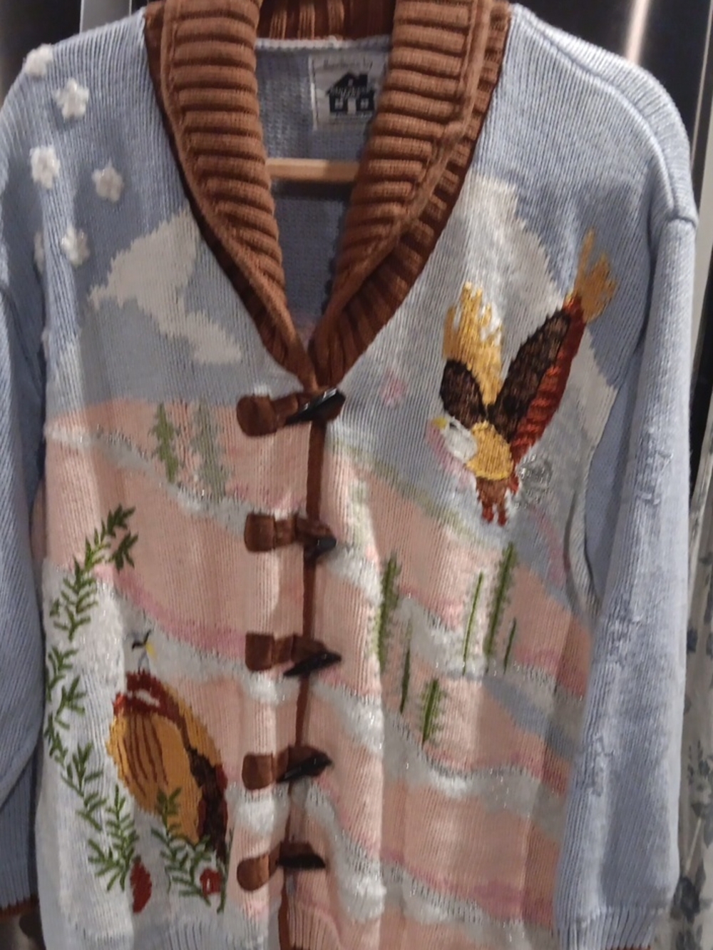 Storybook Knits Light Blue, Brown, Pink Embroidered Bird Shawl-Front Cardigan